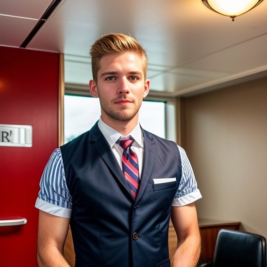 Szczupły, sympatyczny blondyn z lekkim zarostem. Słodziak ubrany w formalny uniform obsługi klienta na lotnisku.
